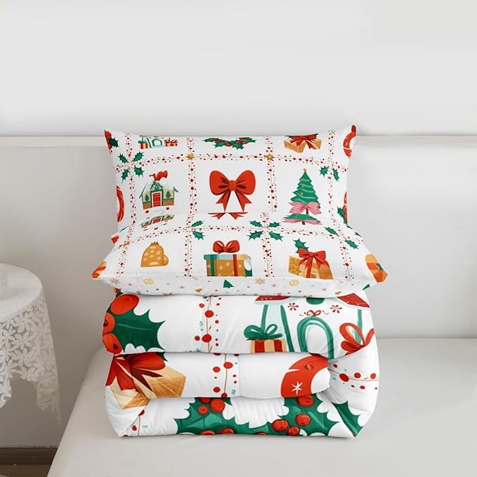 Feelyou Christmas Decor Kids Comforter Set Queen Size Red Bowknot Bedding Set New Year Gift Duvet Quilt for Kids Boys Girls Bedroom Happy New Year Decor Microfiber Ultra Soft Breathable