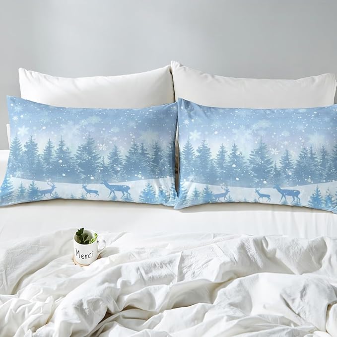 Manfei Blue Glitter Duvet Cover Set King Size, Xmas Trees Deers Snowflakes Print Comforter Cover with 2 Pillowcases, New Year Theme Bedding Set 3pcs for Kids Girls Teens Bedroom Decor,No Comforter