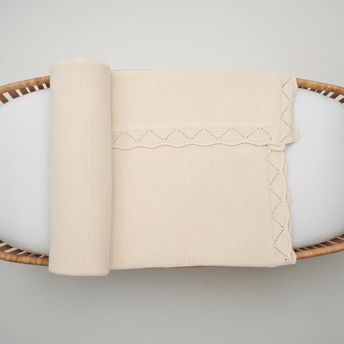Baby Knit Blanket Soft Breathable Cotton Scallop Border Blankets Newborn Knitted Blanket Swaddle Blankets Gifts for Baby Newborn Toddler Shower Boy Girl New Mom Birthday Christmas Cream 28x36