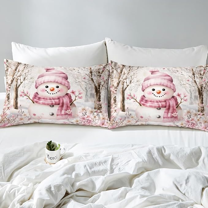 Manfei Christmas Kids Duvet Cover Set Queen Size, Cute Snowman Xmas Bedding Set for Boy Girls Room Decor, Pink Flower New Year Comforter Cover, Soft Polyester Quilt Cover, 2 Pillowcases, No Comforter