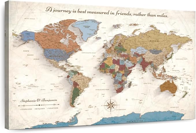 ElephantStock - Personalized Journey V Push Pin World Map Wall Art - Horizontal Canvas Wall Art - Living Room Wall Decor - Digital Art Map Canvas Art - Beige And Orange Decor - 24" x 16"