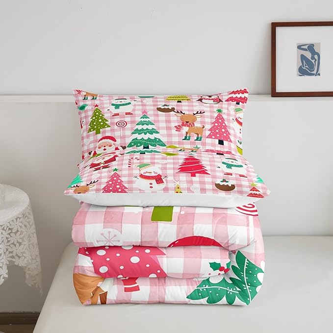 Castle Fairy Merry Christmas Kids Full Size Comforter Set,Cartoon Xmas Style Cute Animals Bedding Comforters Bedroom Collection,Santa Claus Pine Trees Pink Checkered Bedding Set for Girls Teens