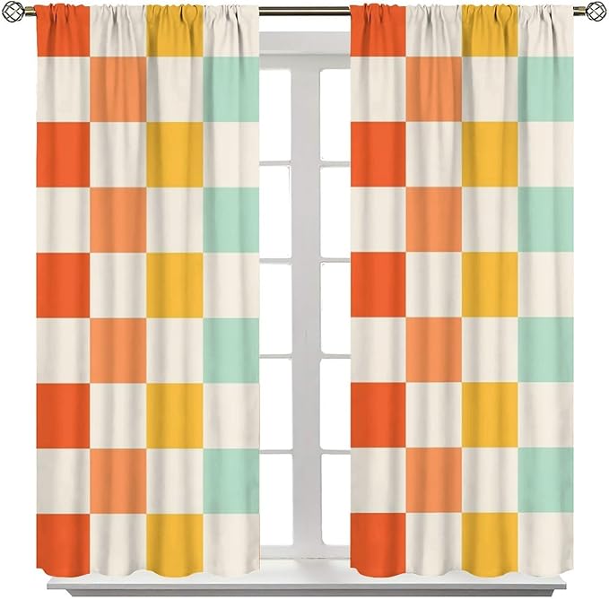 70s Retro Curtains,Cute Green Pink Yellow Checkered Hippie Window Treatments for Kids Girl Bedroom Window 42"" W X 63"" L, Style-7