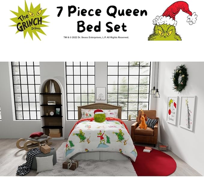 Grinch by Dr. Seuss Holiday & Christmas Bedding Super Soft Comforter and Sheet Set with Sham, 7 Piece Queen Size (Official Dr. Seuss Product) by Franco