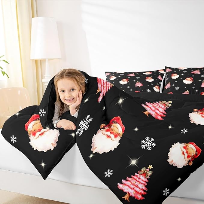 jejeloiu Kids Christmas Theme Comforter Set Full Size Xmas Tree Cute Santa Claus Bow Bedding Set for Boys Girls Teens Winter Snowflake Happy New Year Duvet Quilt Room Decor