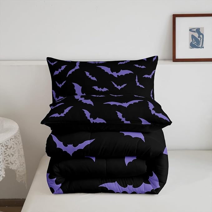 Erosebridal Happy Halloween Comforter Set with 1 Pillow Case Dark Purple Gothic Bats Quilt Twin Size for Kids Boys Black Spooky Cartoon Gothic Bedding Set
