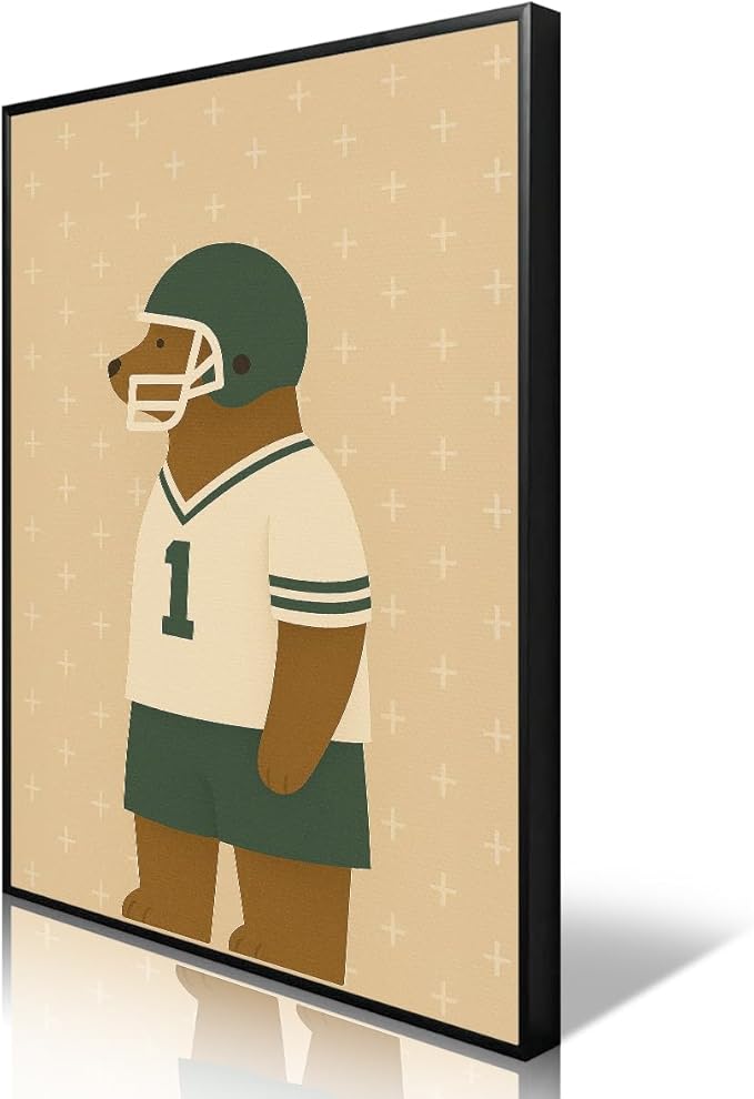 Football Poster Canvas, Baby Boy Sports Nursery Wall Art, Animal Bear Athletes Pictures, Run Fast Jump High Charming Quote Print, Kids Bedroom Soccer Equipment & Field Decor 8x12in Wrapped Canvas