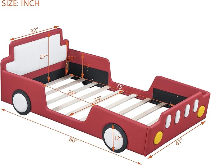 Merax Twin Bed Frames for Boys,Race Car Platform Bed with Wheels,Soft PU Leather Headboard and Footboard,Kids Car Bed Twin Size No Box Spring Needed