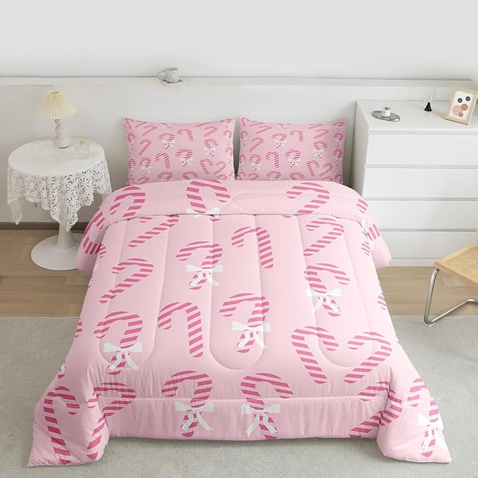 Feelyou Merry Christmas Comforter Set King Size Pink Candy Cane Bedding Set for Kids Boys Girls Bow Duvet Quilt Bedroom Decor Microfiber 3 Pcs with 2 Pillow Cases
