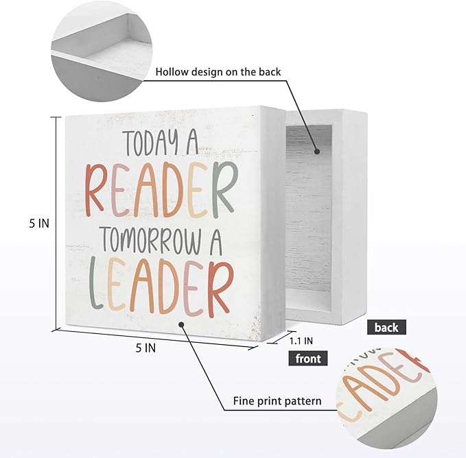 Nursery Today a Reader Tomorrow a Leader Wood Box Sign Desk Decor,Boho Reading Wooden Block Sign Decorations for Home Classroom Reading Nook Reading Room Wall Tabletop Shelf Decor