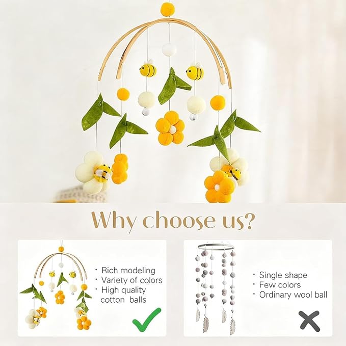 Baby Mobile for Crib Crib Nursery Mobile for Boys Girls Boho Bee Flower Nursery Decor Soothe Toy Baby Shower Set for Soothing & Early Sensory Development