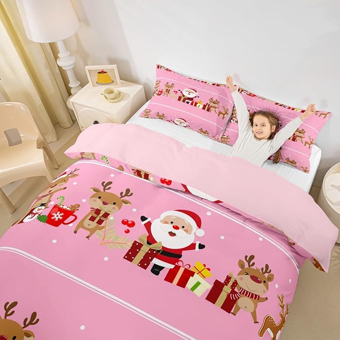 Christmas Bedding Duvet Cover Set Kids Cartoon Santa Claus Bedding Set Boys Girls Deer New Year Decor Comforter Cover Set Microfiber Gift Boxes Xmas Theme Bedspread Cover Bedroom Bedclothes Full Size