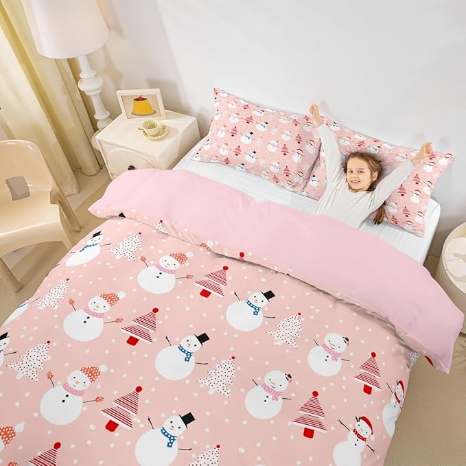 Christmas Duvet Cover Cartoon Snowman Christmas Tree Bedding Set Snowflake Comforter Cover for Boys Girls Children Teens Bedroom Decor Pink Xmas Theme Bedspread Cover Queen Size With 2 Pillow Case