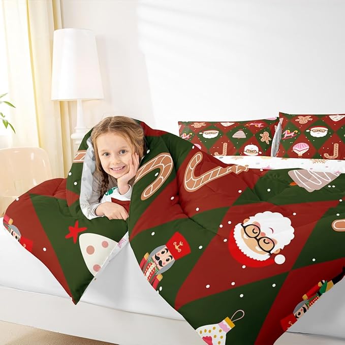 Feelyou Merry Christmas Bedding Set Soft for Boys Girls, Santa Claus Comforter Set Toddler Size Xmas Tree Nutcracker Soldier Duvet Quilt Gingerbread Man Bedroom Decor 2 Pcs with 1 Pillow Cases