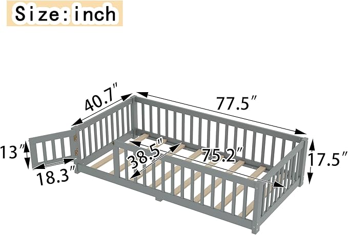 Bellemave Twin Size Floor Bed with Rails for Kids, Girls, Boys, Pine,Plywood Floor Bed with slats and Door, Grey