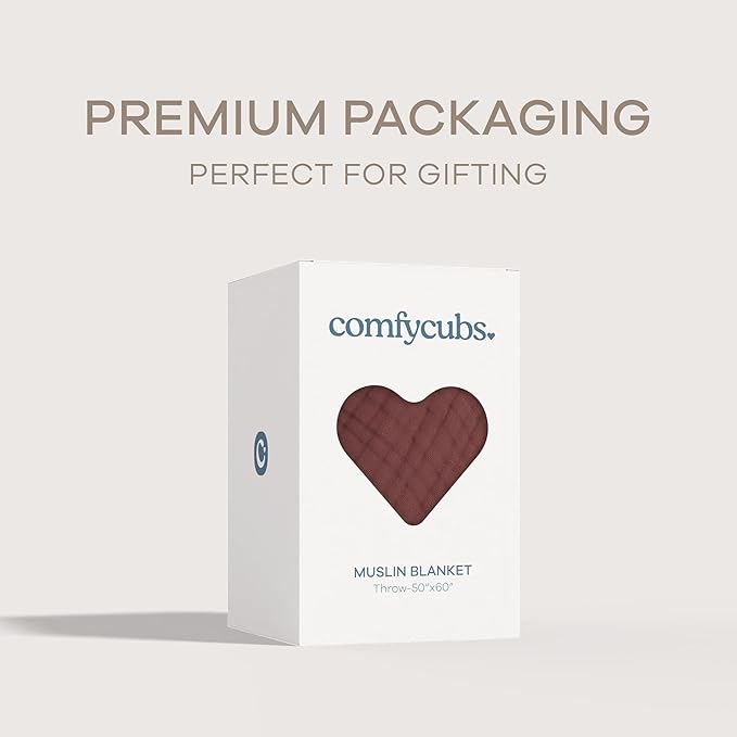 Comfy Cubs Muslin Throw Blanket - 50” x 60” Quilted Design - Lightweight, Breathable 6-Layer Gauze Fabric - Soft Cotton Blanket for Home or Travel - Packaged in Elegant Gift Box - Wine