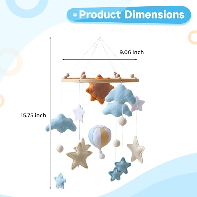 Soft Crib Mobile, Sun Hot Air Balloon Design with Felt Decorations, Ideal for Baby Nursery with Cloud and Star Hanging Toys