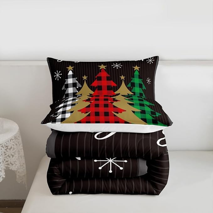 Christmas Kids Comforter Set Twin Size,Plaid Pine Trees Snowflake Bedding,Girls Boys Adults Bedroom/Xmas Cabin Decor,Geometric Lines Stylish Down Comforter,Rustic Colorful Duvet Insert,1 Pillowcase
