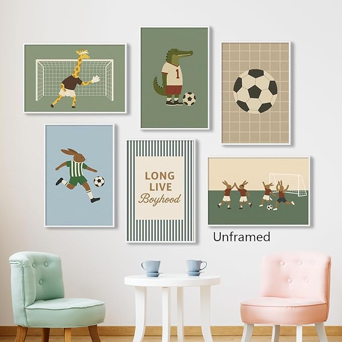 Soccer Posters, Nursery Animal Sports Posters, Long Live Boyhood Inspirational Quote Print, Football Athletes Giraffe Rabbit Crocodile Pictures, Boys Bedroom Sports Artwork 16x24in Wrapped Canvas