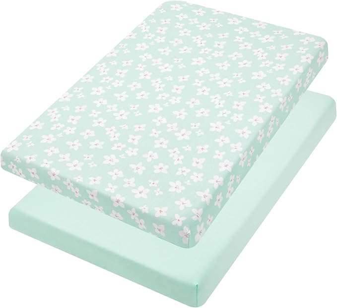 TILLYOU Mini Crib Fitted Sheets - Soft Knit Sheet for Pack N Play, Microfiber Mini Crib Sheets, Playpen Bedding Sheet for Baby 2 Pack, Machine Washable, 38'' x 24'', Fresh Flowers and Light Green