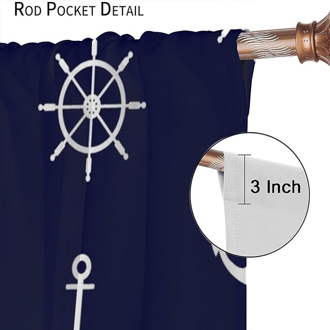 Nautical Rudder Curtains,MarineThemed Oceanic Anchor Pattern Blackout Print Home Bedroom Living Room Window Treatments 2 Panel Set 55x63 Inch
