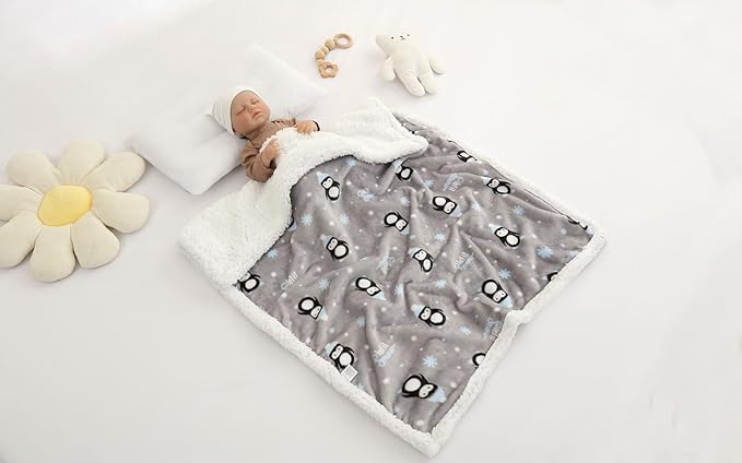 Flannel Baby Blanket Reversible Super Soft Blankets for Boys Girls Infant Newborn Sherpa Receiving Blankets for Crib Stroller Grey 30" x 40"