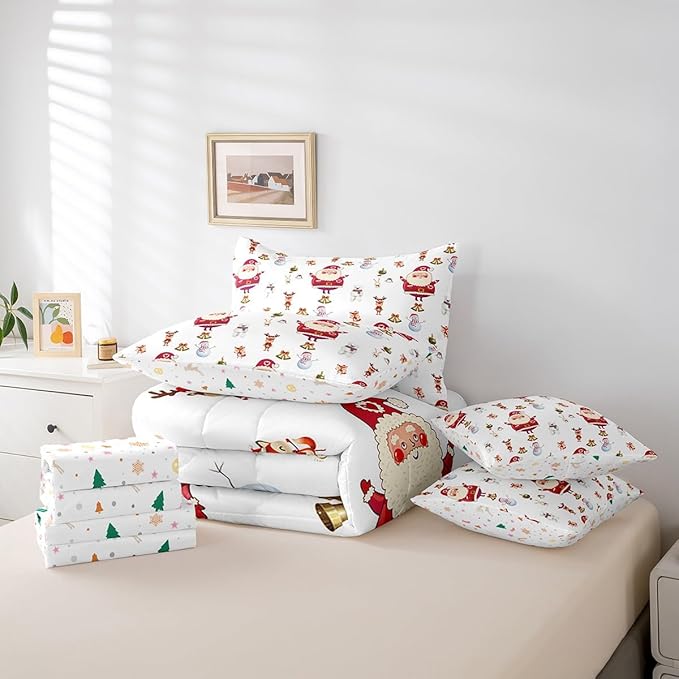 Feelyou Christmas Bed Set Cute Snowman Santa Claus Kids Decorations Bed in a Bag Boys Girls Bear Rabbit Comforter Set with Sheets Christmas Bells Design White Bedding Set Bedding Queen Size
