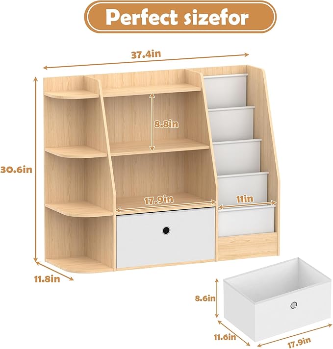 Kids Bookshelf and Toy Storage,4 Tier Wooden Kids Book Shelf,Large Childrens Bookshelf with Drawers,Open Bookcase & Storage Organizer Boxes for Nursery,Playroom, Bedroom,Burlywood