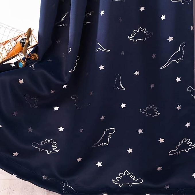 LORDTEX Dinosaur and Star Foil Print Blackout Curtains for Kids Room - Thermal Insulated Curtains Noise Reducing Window Drapes for Boys and Girls Bedroom, 52 x 84 Inch, Navy, Set of 2 Panels