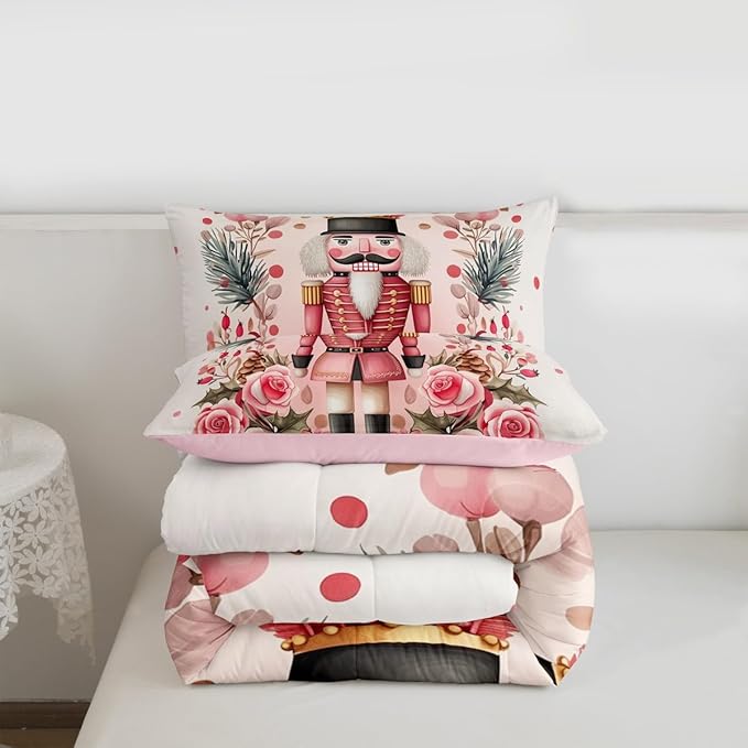Feelyou Christmas Decor Nutcrackers Comforter Set All Season Pink Christmas Bedding Set with 1 Pillow Cases Funny Nutcracker Kids Twin Bedclothes Rose Decor Berries Duvet Quilt Soft Lightweight