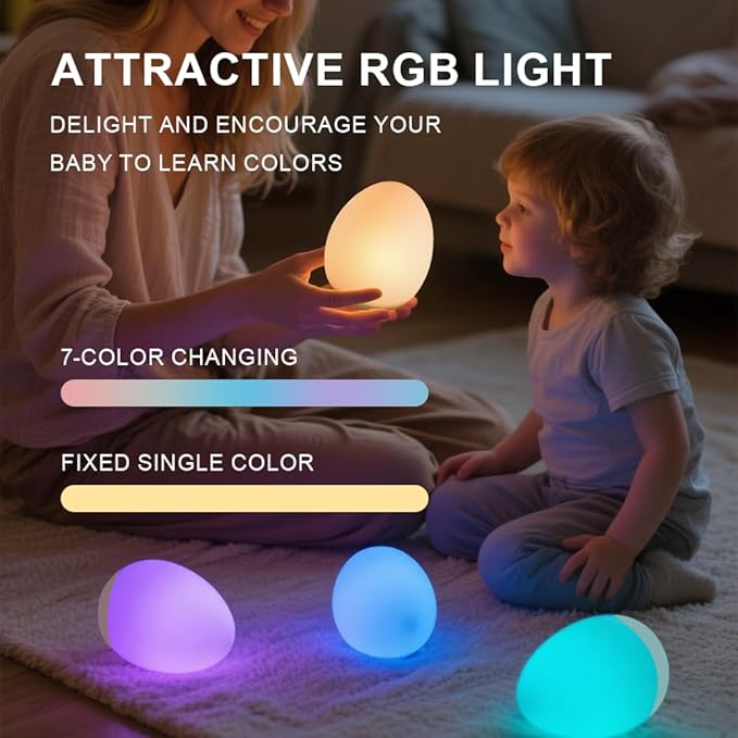 Silicone Baby Night Light 7 RGB Egg Night Light for Nursery, 3-Level Dimming Portable Nursery Night Lamp for Breastfeeding Kids Bedroom Gifts for Newborn Toddler Girls Boys,led christmas lights