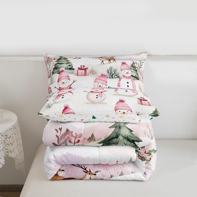 Manfei Merry Christmas Comforter Set Toddler Size,Cute Snowman Pine Trees Deer Bedding Set 2pcs,New Year Theme Down Comforter for All Season,Kids Boys Girls Room Decor,1 Pillowcase,No Sheets