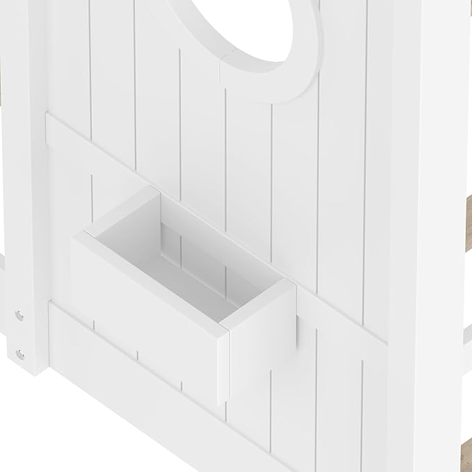 Full Size Floor House Bed with Roof and Window for Kids, Wooden Playhouse Bed with Storage Shelves for Bedroom Furniture Girls & Boys (White/L1, Full)