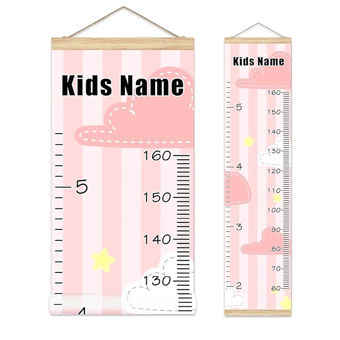 Personalized Kids Name Growth Chart Ruler for Wall Wood Frame Height Measure Chart 13.4x56 in Linen Hanging Height Growth Chart Cute Pink Kids Room Decor