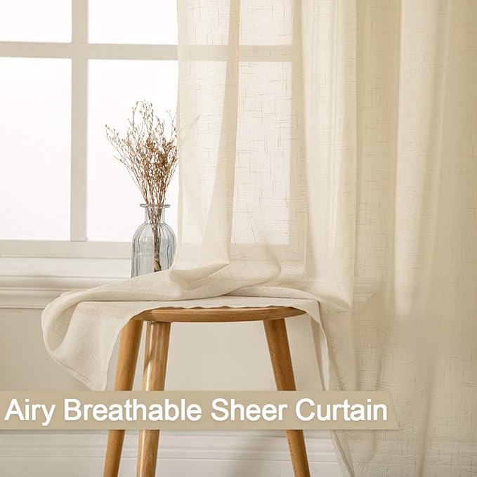 MIULEE Natural Light Beige Linen Semi Sheer Window Curtains - Elegant Solid Drapes Grommet Top - Voile Panels Linen Textured Panels for Bedroom Living Room (52" W x 84" L)