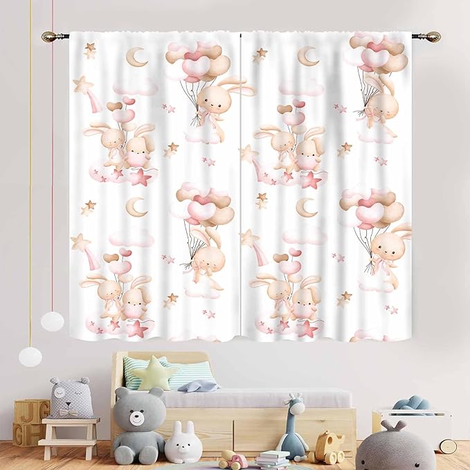 Rabbits Curtains, Kids Boys Girls Cartoon Cute Lovely Animals Moon Cloud Ballon Pastel Pink Window Drapery Treatments for Baby Living Room Bedroom Nursey Toddler 2 Panels, 63"x72" Inch