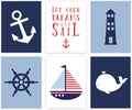 Andaz Press Ocean Nautical Sailor Theme Nursery Kids Bedroom Hanging Wall Art Decor, 8.5x11-inch, Navy Blue Theme, Boat, Anchor, Lighthouse, Whale, 6-Pack, Unframed Room Poster