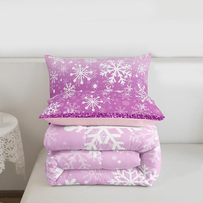 Feelyou Pink Snowflake Comforter Set Full Size Winter Snowflake Bedding Set for Kids Boys Girls Christmas Duvet Quilt Glitter Print Bedroom Decor Microfiber 3 Pcs with 2 Pillow Cases