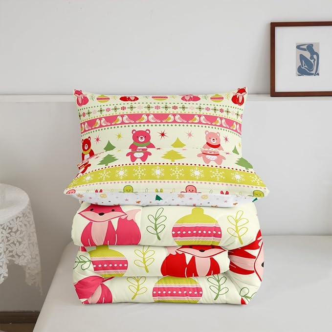 Erosebridal Merry Christmas Comforter Set Kids King Size Xmas Tree Decor Quilts Snowflake Bedding Set Cute Colourful Bear Duvet Insert with 2 Pillow Cases