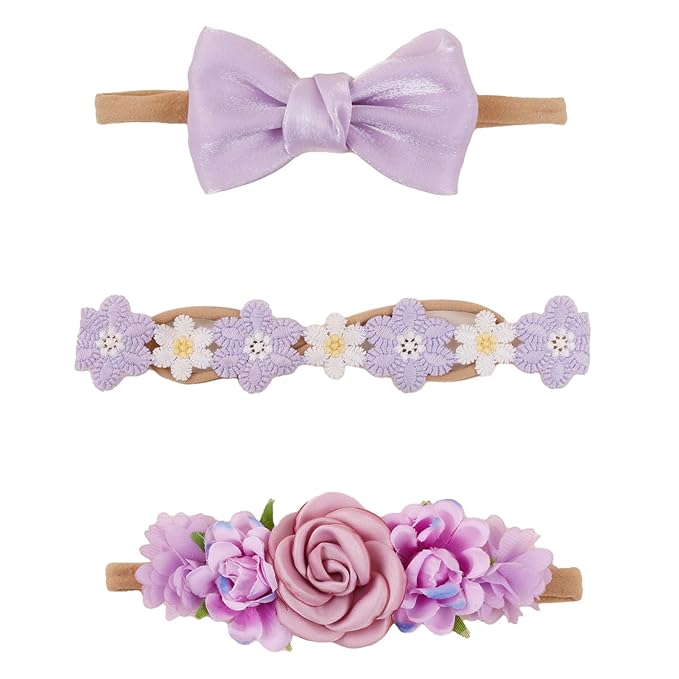 cherrboll Baby Girl Nylon Headbands, 3Pcs Handmade Floral Hair Bows, Stretchy Flower Hairbands for Newborns Infants Toddlers