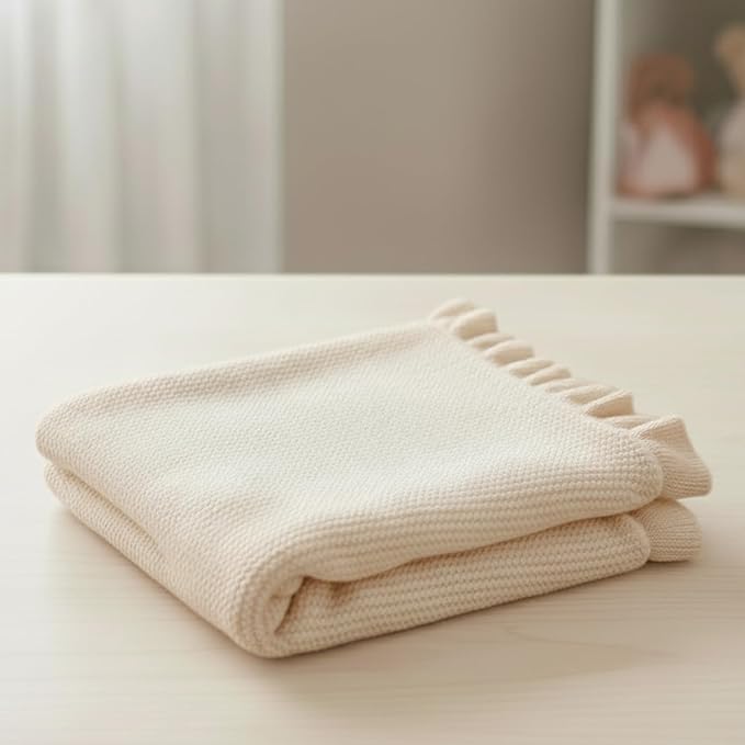 Cotton Baby Blanket with Ruffle Edge Soft Breathable Newborn Blanket for Boys & Girls, Lightweight Knit Throw for Crib, Stroller & Nursery Multiple Colors Available Cream 28x36
