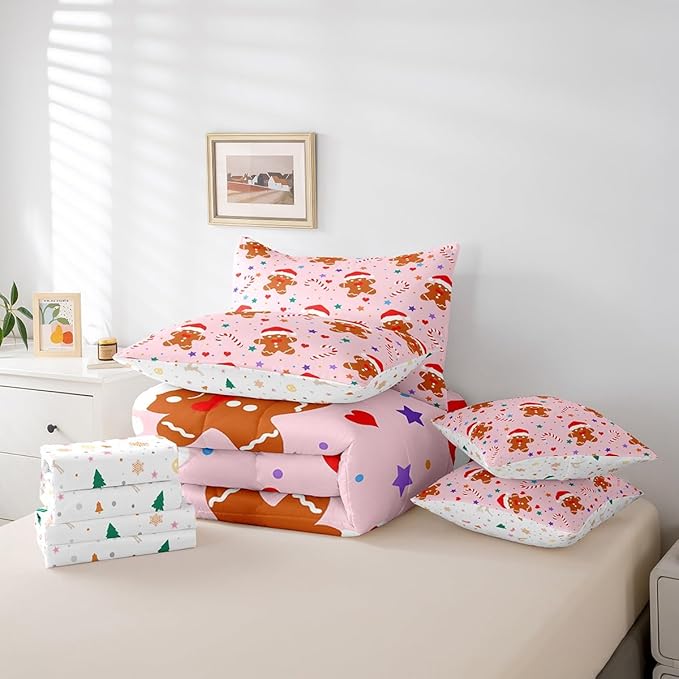 Feelyou Christmas Pink Bed in a Bag Cartoon Christmas Gingerbread Man Comforter Set with Sheets Xmas Theme Bedding Set for Kids Boys Girls Stars Candy Bed Set Decor King Size