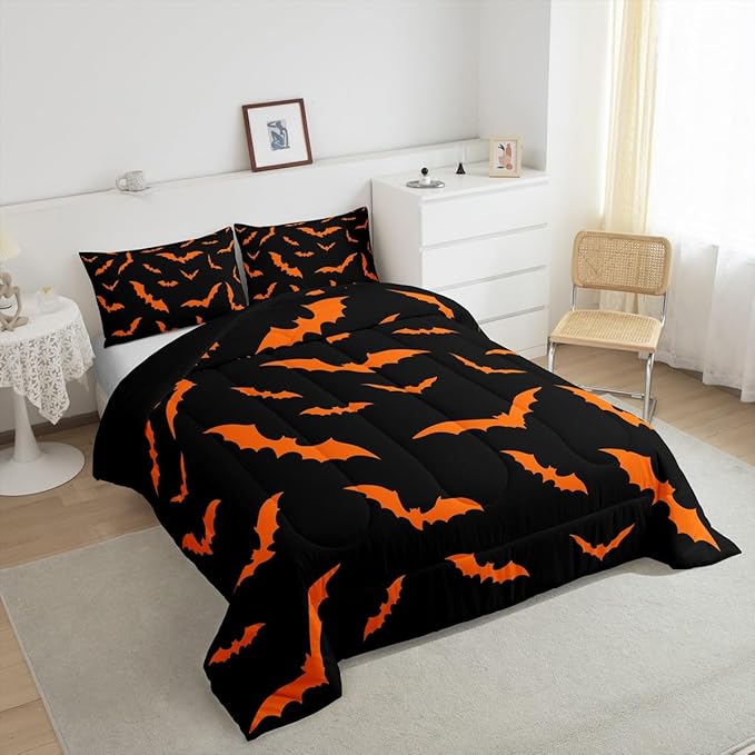 Erosebridal Happy Halloween Quilt Twin Size for Kids Boys Bats Animal Silhouette Comforter Set Orange Bats Animal Bedding Set Gothic Spooky Down Comforter with 1 Pillow Case