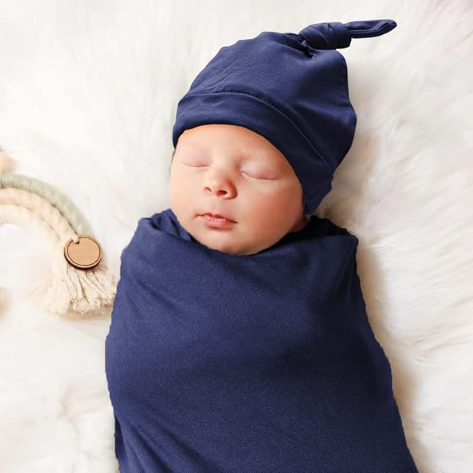 Newborn Swaddle Blanket with Hat Set Baby Swaddle Set Hospital Receiving Blankets for Girls Boys(Navy,35"*35")