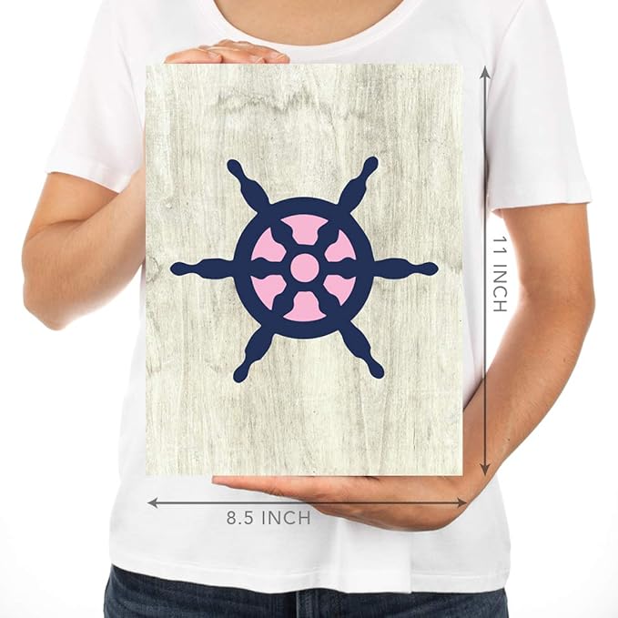 Andaz Press Personalized Girls Ocean Nautical Sailor Theme Nursery Kids Bedroom Hanging Wall Art Decor, 8.5x11-inch, Pink Navy Blue, Ahoy, Boat, 6-Pack, Custom Name Unframed Poster