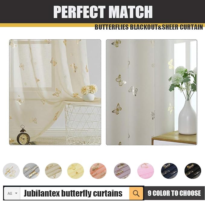 Jubilantex Butterfly Sheer Curtain Panels for Girls Nursery Bedroom, Toddler Gold Print Linen Textured Voile Farmhouse Rod Pocket Window Drapes 95 Inch for Kids Room, 2 Panels, Ivory/Beige