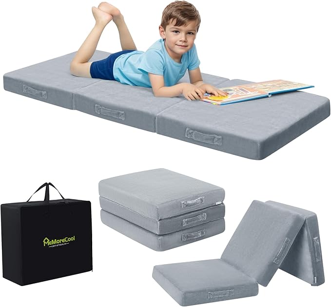 MeMoreCool Foldable Floor Mattress for Kids, Toddler Floor Nap Mat for Sleeping Daycare, Small Child Foldable Mattress Floor Bed, Trifold Futon Portable Tri Folding Mattress, Grey 75x25 Inch
