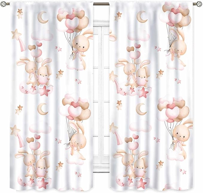 Rabbits Curtains, Kids Boys Girls Cartoon Cute Lovely Animals Moon Cloud Ballon Pastel Pink Window Drapery Treatments for Baby Living Room Bedroom Nursey Toddler 2 Panels, 42"x63" Inch