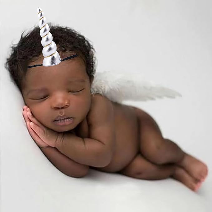 2PCS White Angel Wings With Silver Unicorn Headband For Newborn Infant Photography Props Soft Fairy Feather Wings For Toddlers Kids Girls Gifts(Color E, One Size)
