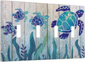 Sea Turtle Grass Seaweed on Rustic Wooden Board Quad Toggle Wall Plate Covers Decorative 4-Gang Wall Plates Ocean Grass Seaweed Electrical Switchplate for Bathroom Bedroom Kitchen Decor 4.5 X 8 In